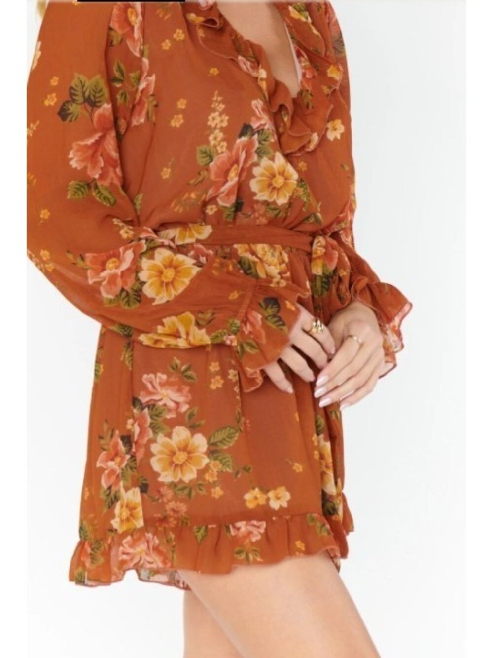 Show Me Your Mumu Raquel Ruffle Floral Romper Long Sleeve Shorts Size 2XL